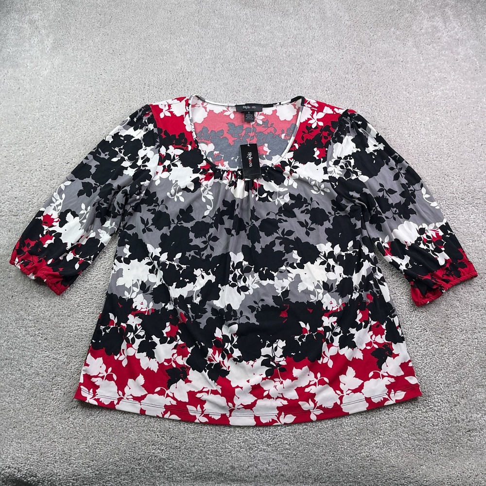 NEW Style & Co Top Women XL Red Black Floral Scoop Neck Blouse Career Office